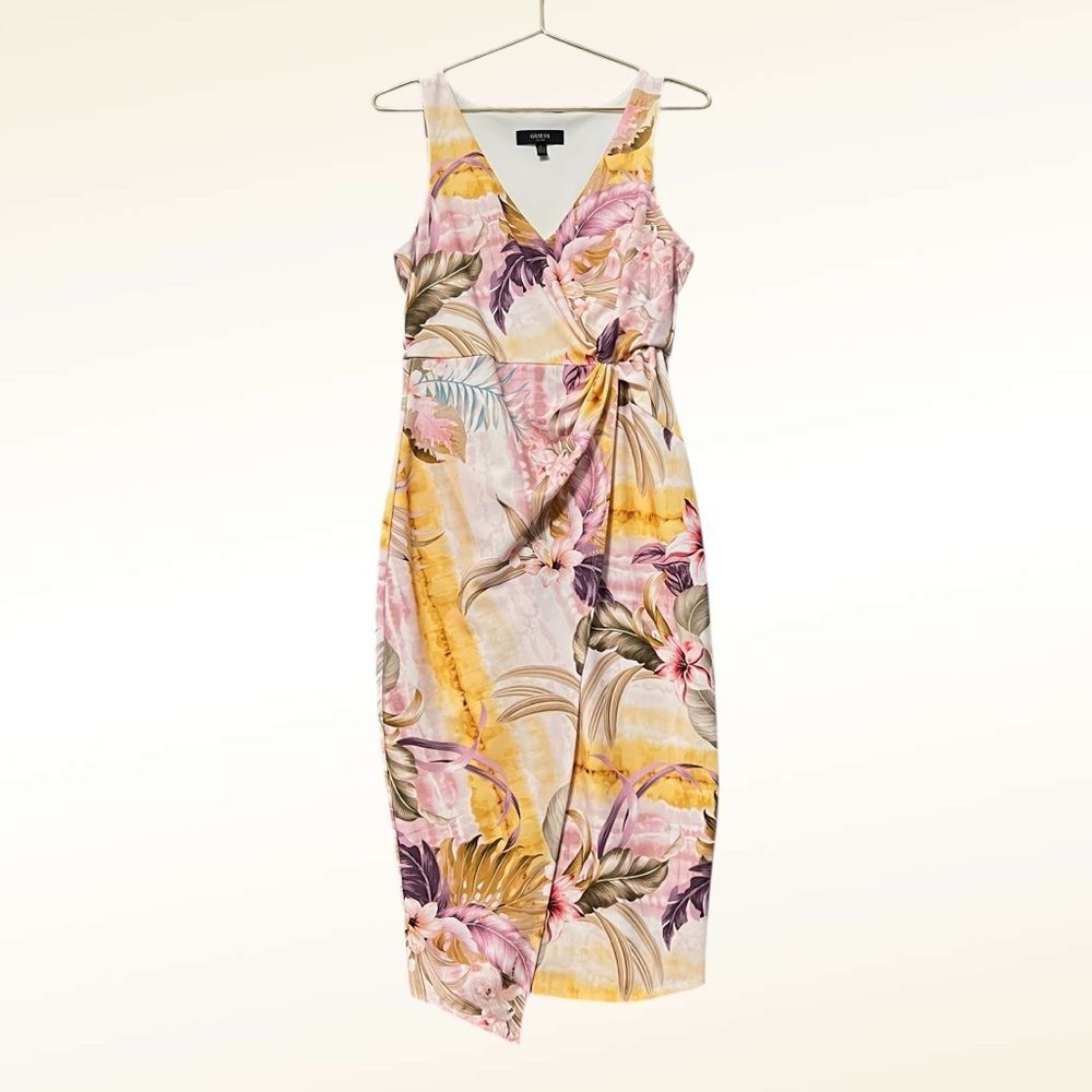Guess Floral Asymmetrical Bodycon Dress NWT Size 4 Sleeveless Scuba Faux Wrap